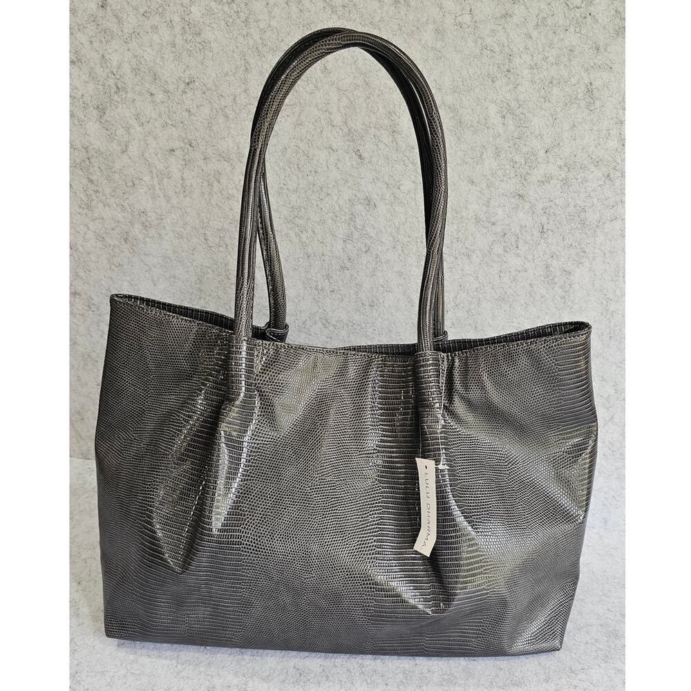 Lulu Dharma Gray Crocodile Cinched Tote Bag, Vegan, Leather, NWT
